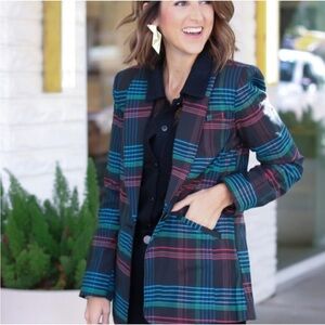 CAbi Holiday Tartan Plaid Stretch Black Blue Red Blazer Jacket Size Large